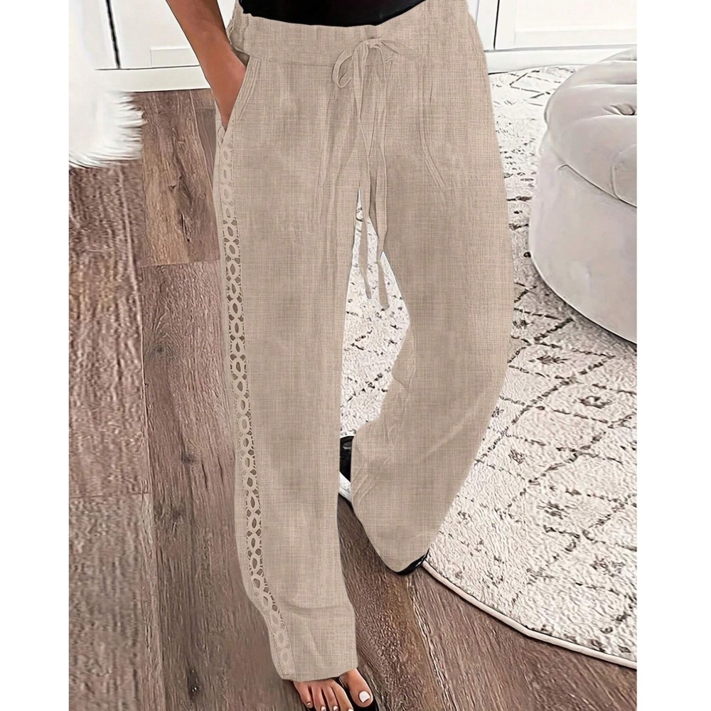 Wide Straight-Leg Linen-Blend Pants with Lace Side Panel - Beige